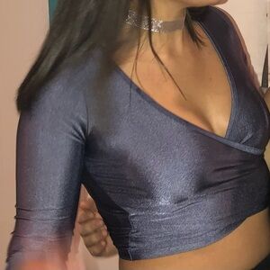 Slate Blue Long Sleeve Crop Top - Deep V neck